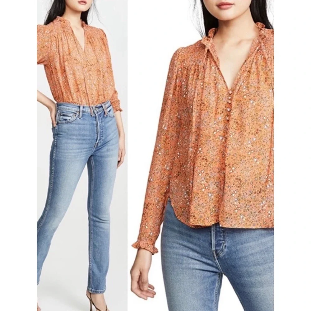 Free People Rare Feelings Blouse Orange Floral Smocked V-Neck Top OB1010657 S